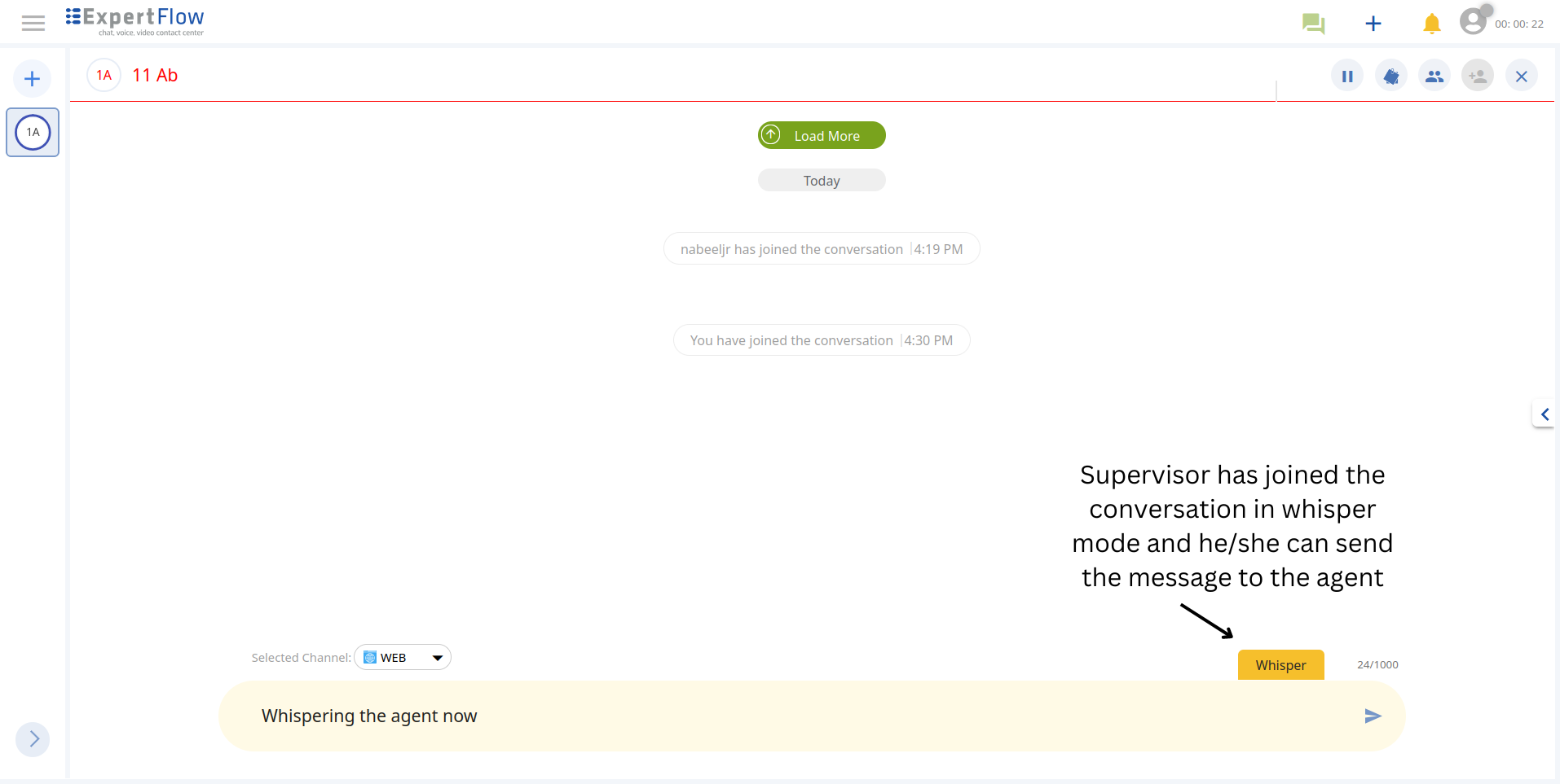 Supervisor has joined the conversation in whisper mode and heshe can send the message to the agent.png