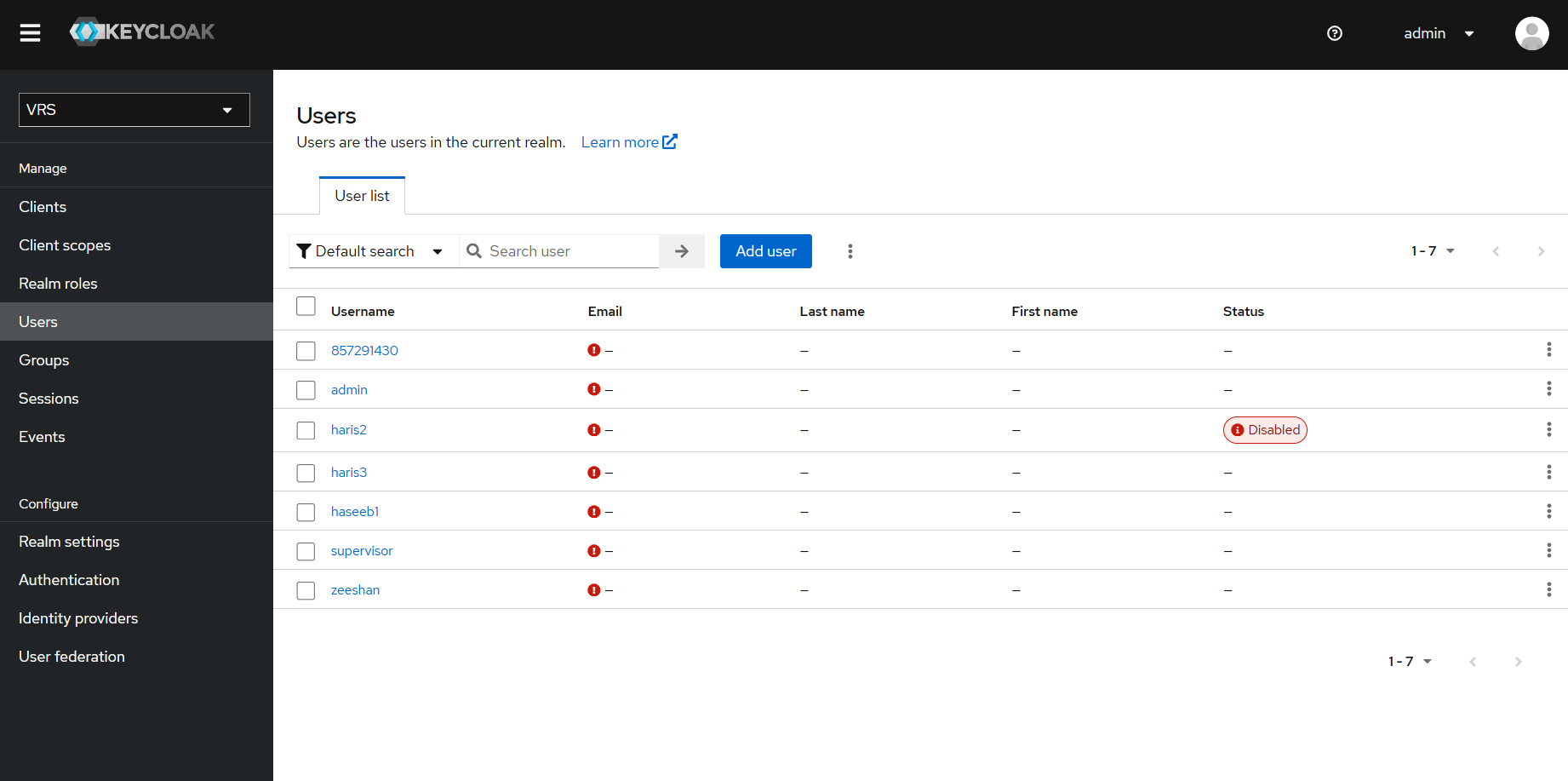 Users list showing Disabled status badge different from temporarily locked