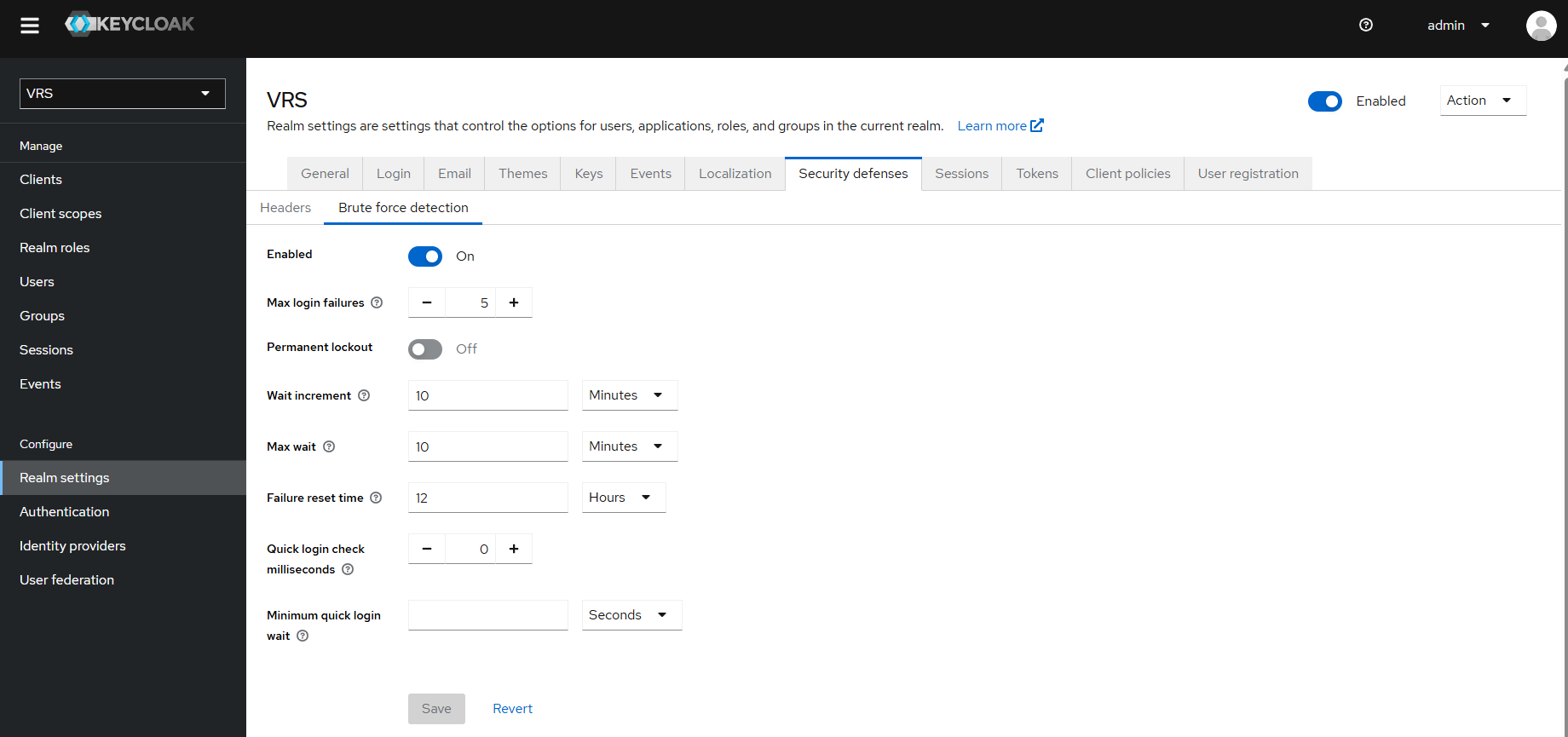 Keycloak Brute force detection Enabled On Max login failures 5 Wait 10 minutes