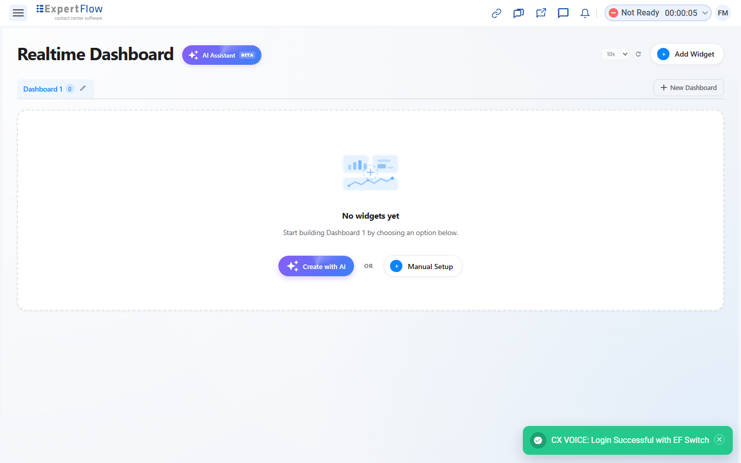 The empty Realtime Dashboard, with Add Widget in the top-right corner