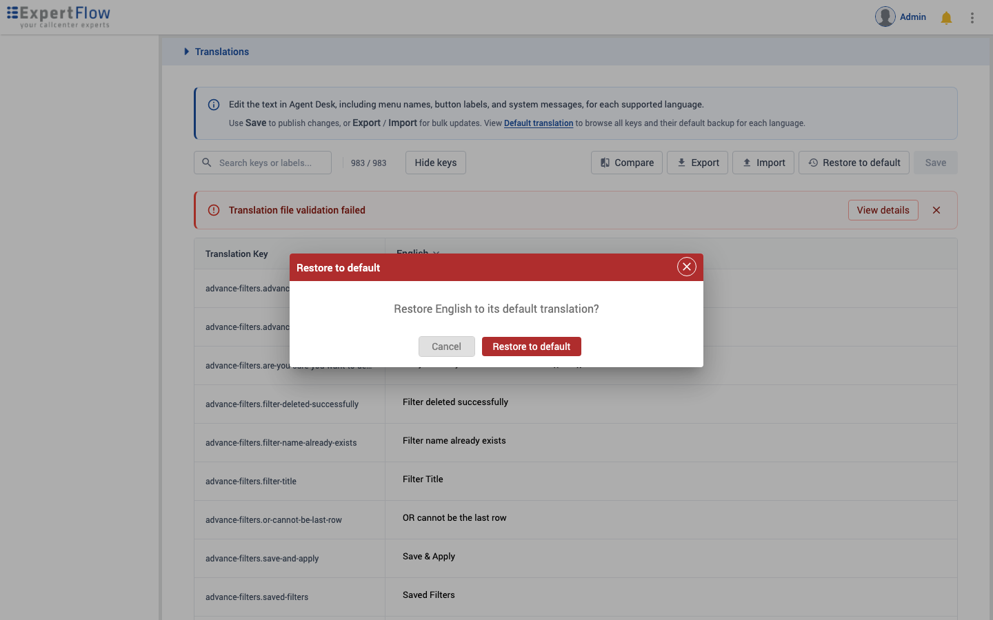 Restore to default confirmation