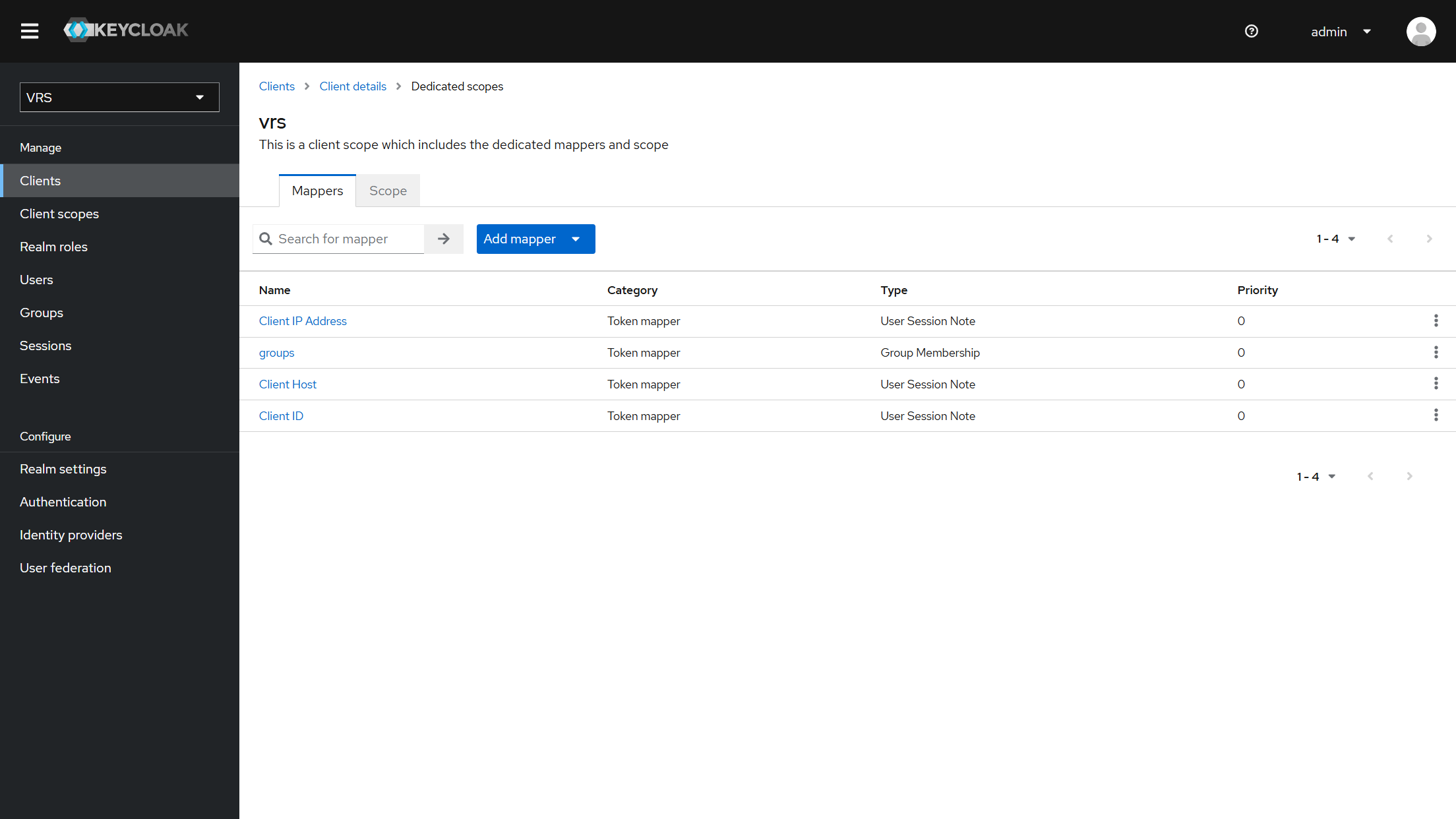 vrs client groups mapper list