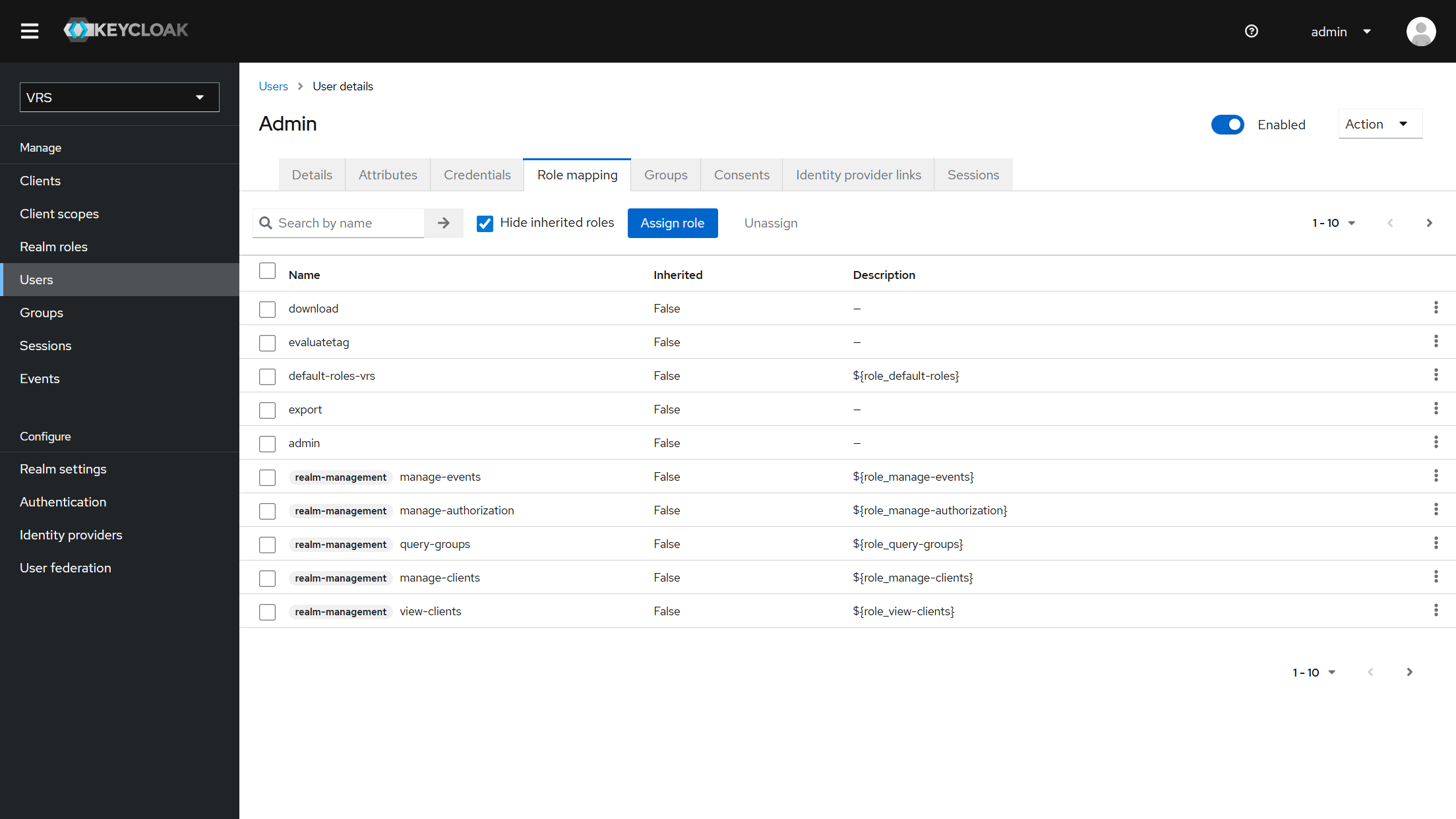 Admin user role mapping with admin and realm-management roles