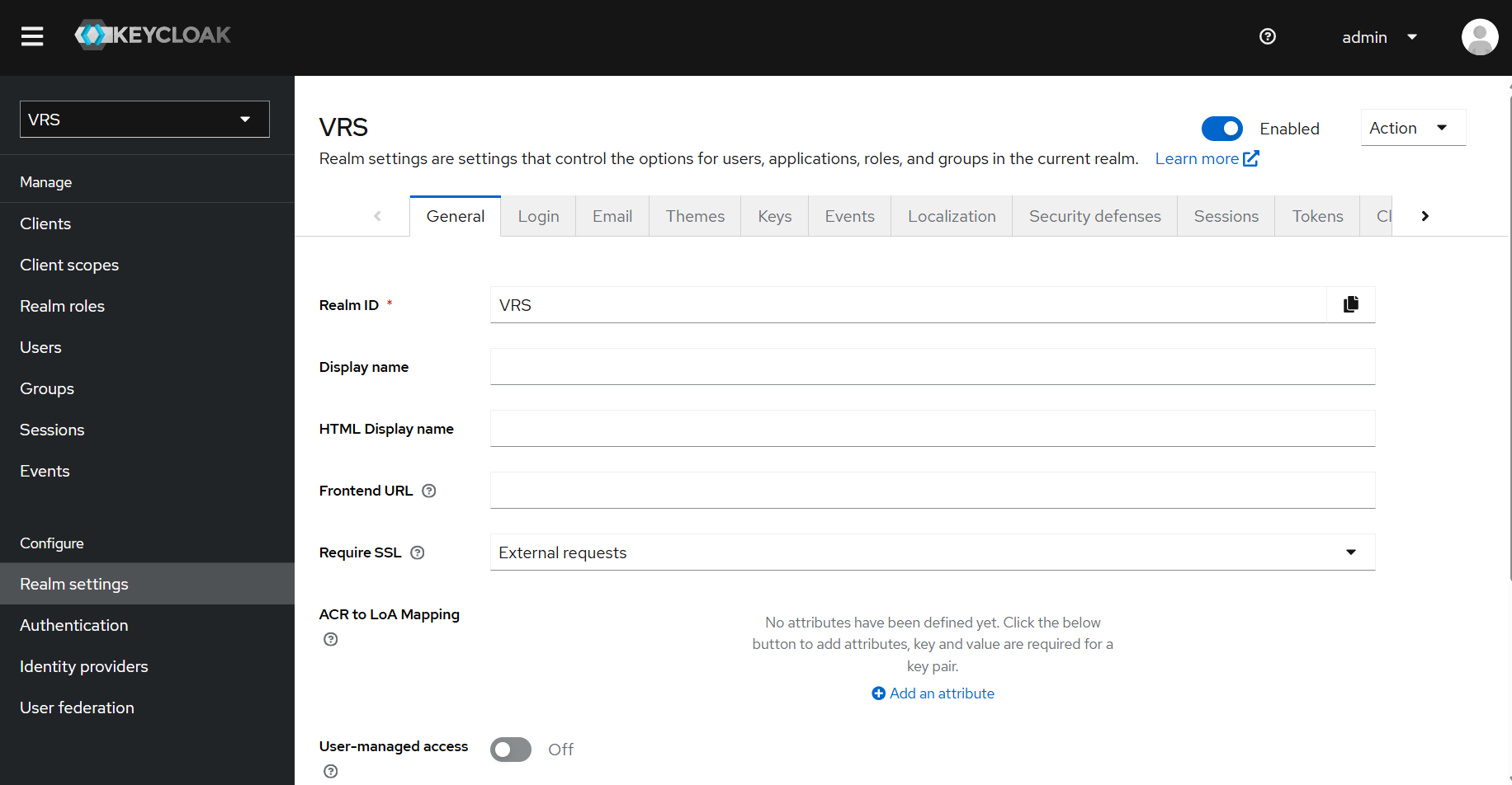 Keycloak Realm settings General tab for realm VRS