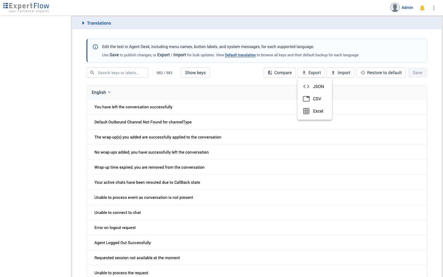Export menu