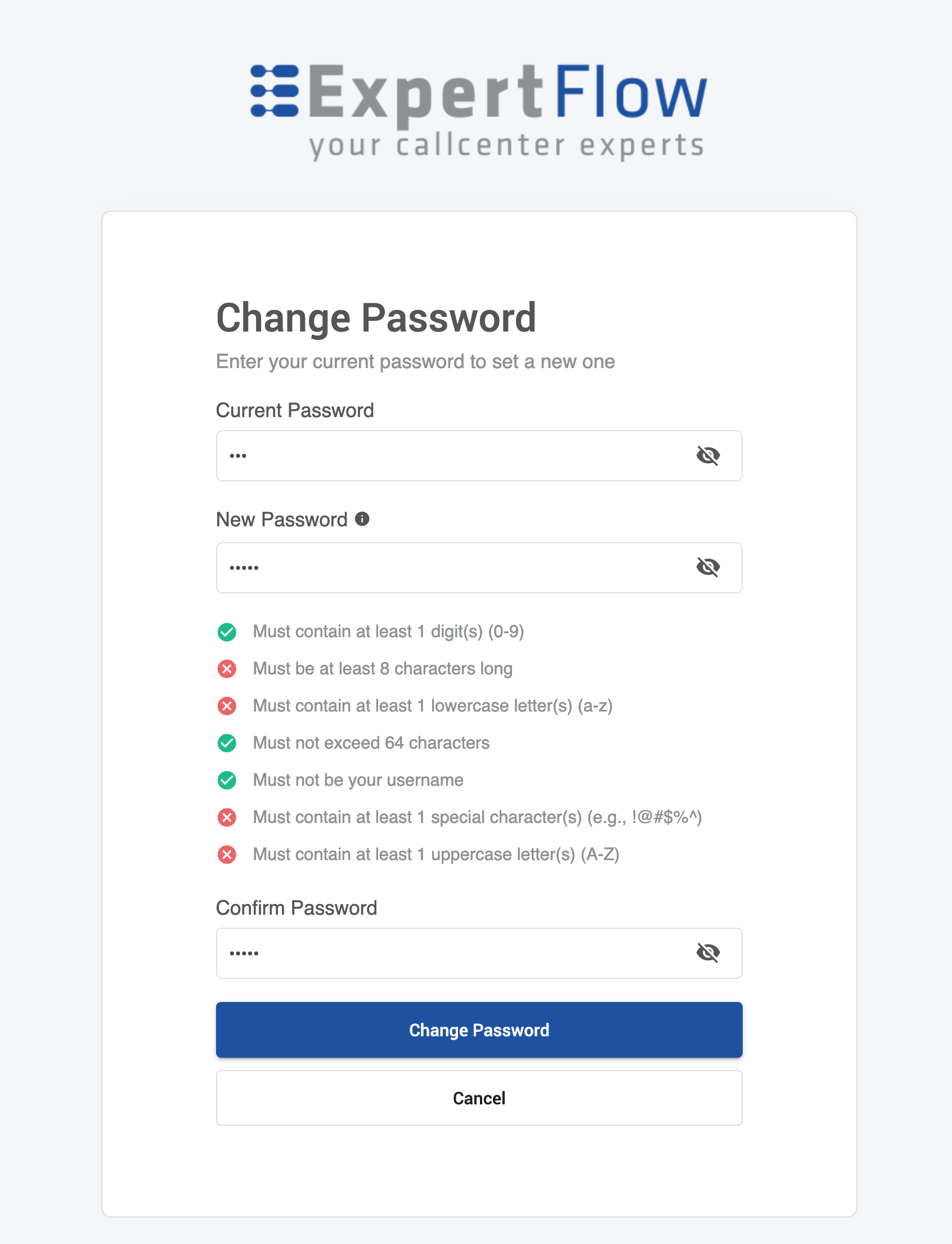 change password screen with policies display