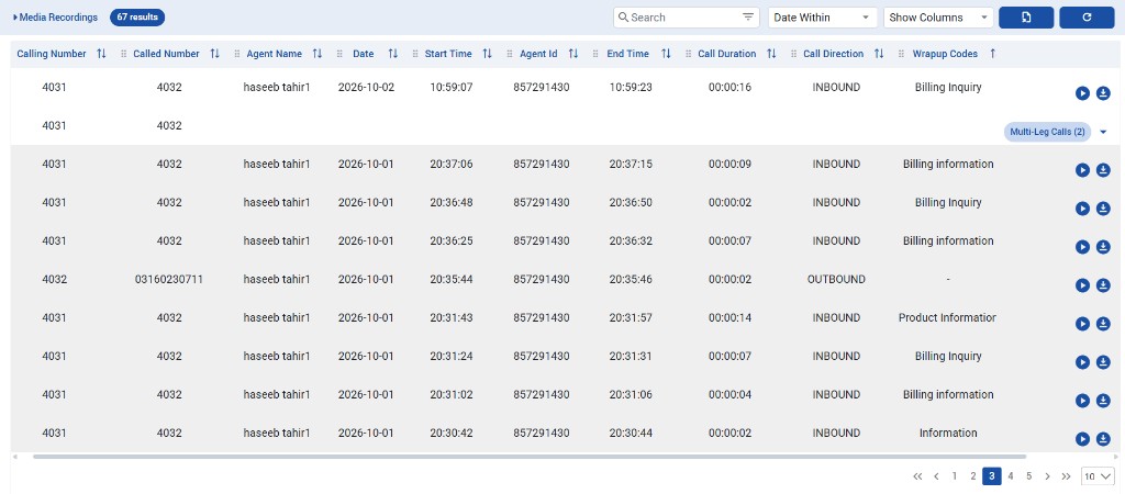 Media Recordings table with Wrapup Codes column