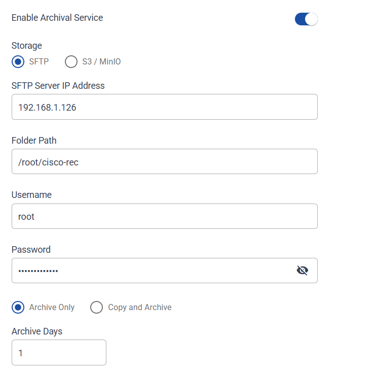 Archival Configuration with SFTP selected